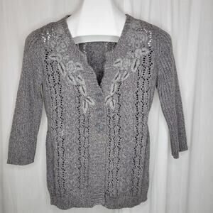 DKNY Jeans Gray 3/4 Sleeve Cardigan Sweater with Floral Detail, M
